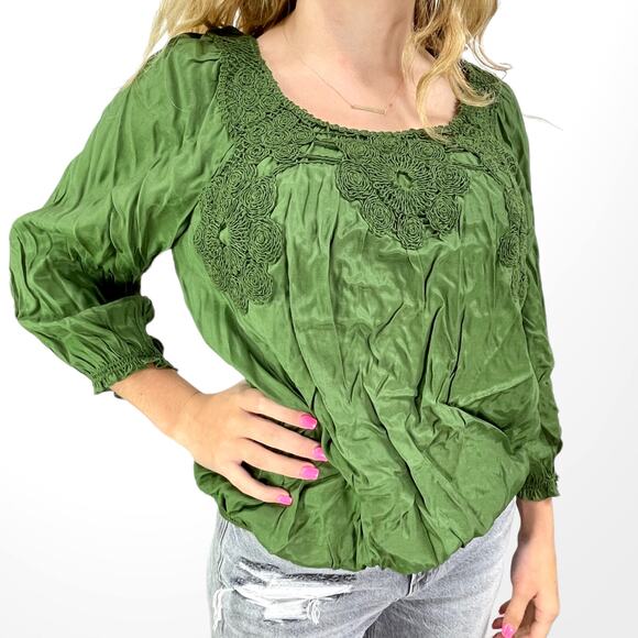 00s MAX STUDIO Vintage Green Embroidered Scoop Neck Blouse - Picture 5 of 5